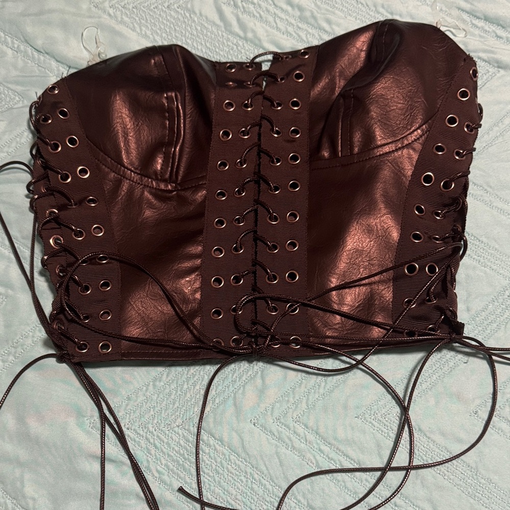 Black Pleather Lace-Up Corset Top S